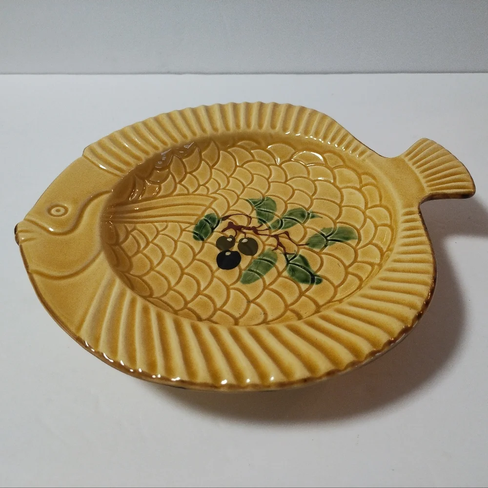 2 Vintage POTERIE du JABRON French Pottery Mustard Yellow Olive Fish Platter 10”
